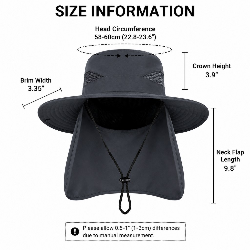 UPF 50+ Sun Hat Wide Brim Fishing Hiking Safari Cap Neck Flap UV Protection