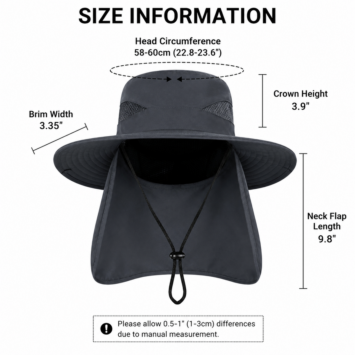 UPF 50+ Sun Hat Wide Brim Fishing Hiking Safari Cap Neck Flap UV Protection